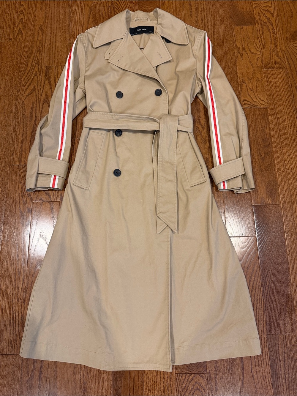 Zara Tan Trench Coat with Red and White Sleeve Stripes